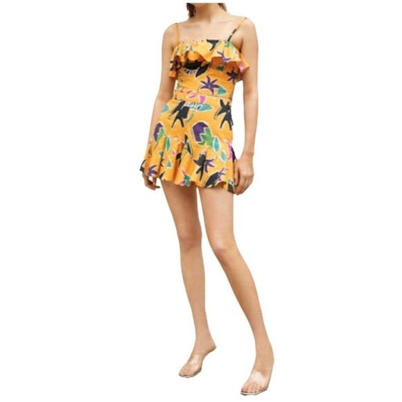 Zara Yellow Floral Print‎ Adjustable Strap Ruffled Bust Cropped Top Tropical M - Picture 2 of 13